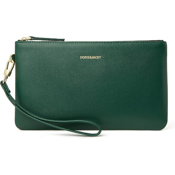 Elegant Slim Lambskin Green Wristlet - Designer Clutch with Card Slots & Strap
